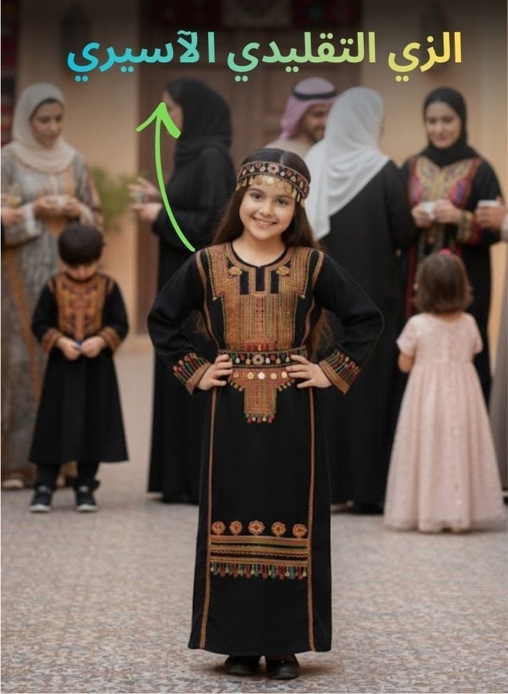 بريميم فستان جلابية ماكسي مطرز من عسيري كيدز تاتريز - فستان طويل فاخر تقليدي للنساء بتطريز هندسي ملون - Image 4